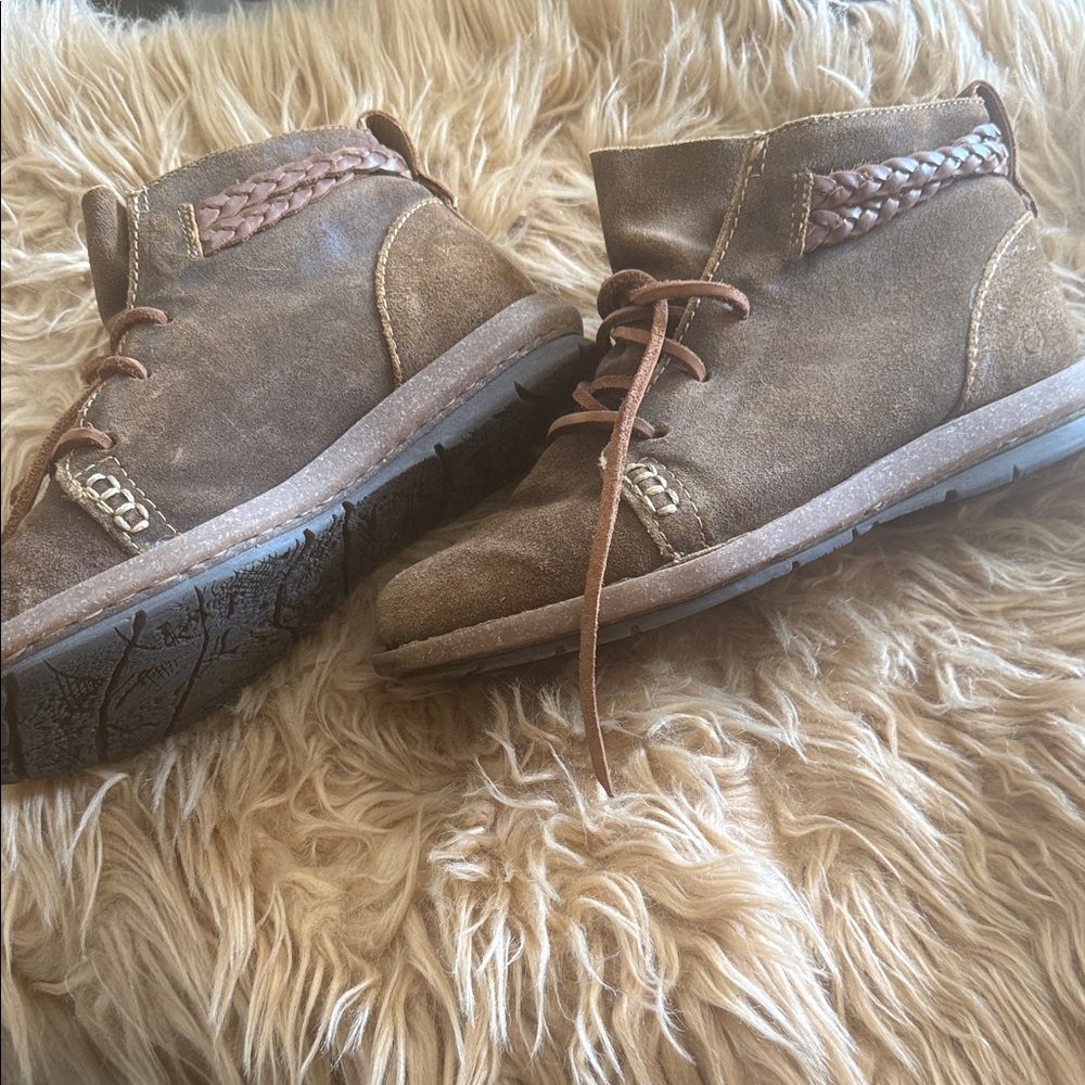Born Brown Suede Lace-Up Ankle Booties with Braided Trim